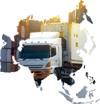 White truck positioned in front of stacked shipping containers at a freight yard